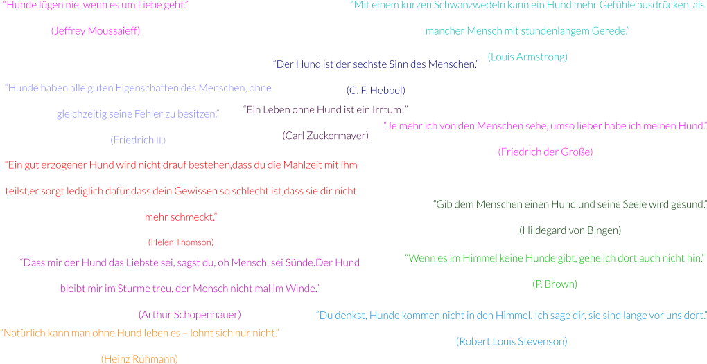 “Der Hund ist der sechste Sinn des Menschen.” (C. F. Hebbel) “Mit einem kurzen Schwanzwedeln kann ein Hund mehr Gefühle ausdrücken, als  mancher Mensch mit stundenlangem Gerede.” (Louis Armstrong) “Hunde lügen nie, wenn es um Liebe geht.” (Jeffrey Moussaieff) “Ein Leben ohne Hund ist ein Irrtum!” (Carl Zuckermayer) “Wenn es im Himmel keine Hunde gibt, gehe ich dort auch nicht hin.”  (P. Brown) “Natürlich kann man ohne Hund leben es – lohnt sich nur nicht.” (Heinz Rühmann) “Hunde haben alle guten Eigenschaften des Menschen, ohne  gleichzeitig seine Fehler zu besitzen.” (Friedrich II.) “Gib dem Menschen einen Hund und seine Seele wird gesund.” (Hildegard von Bingen) “Je mehr ich von den Menschen sehe, umso lieber habe ich meinen Hund.” (Friedrich der Große) “Dass mir der Hund das Liebste sei, sagst du, oh Mensch, sei Sünde.Der Hund  bleibt mir im Sturme treu, der Mensch nicht mal im Winde.” (Arthur Schopenhauer) “Du denkst, Hunde kommen nicht in den Himmel. Ich sage dir, sie sind lange vor uns dort.” (Robert Louis Stevenson) “Ein gut erzogener Hund wird nicht drauf bestehen,dass du die Mahlzeit mit ihm  teilst,er sorgt lediglich dafür,dass dein Gewissen so schlecht ist,dass sie dir nicht  mehr schmeckt.” (Helen Thomson)